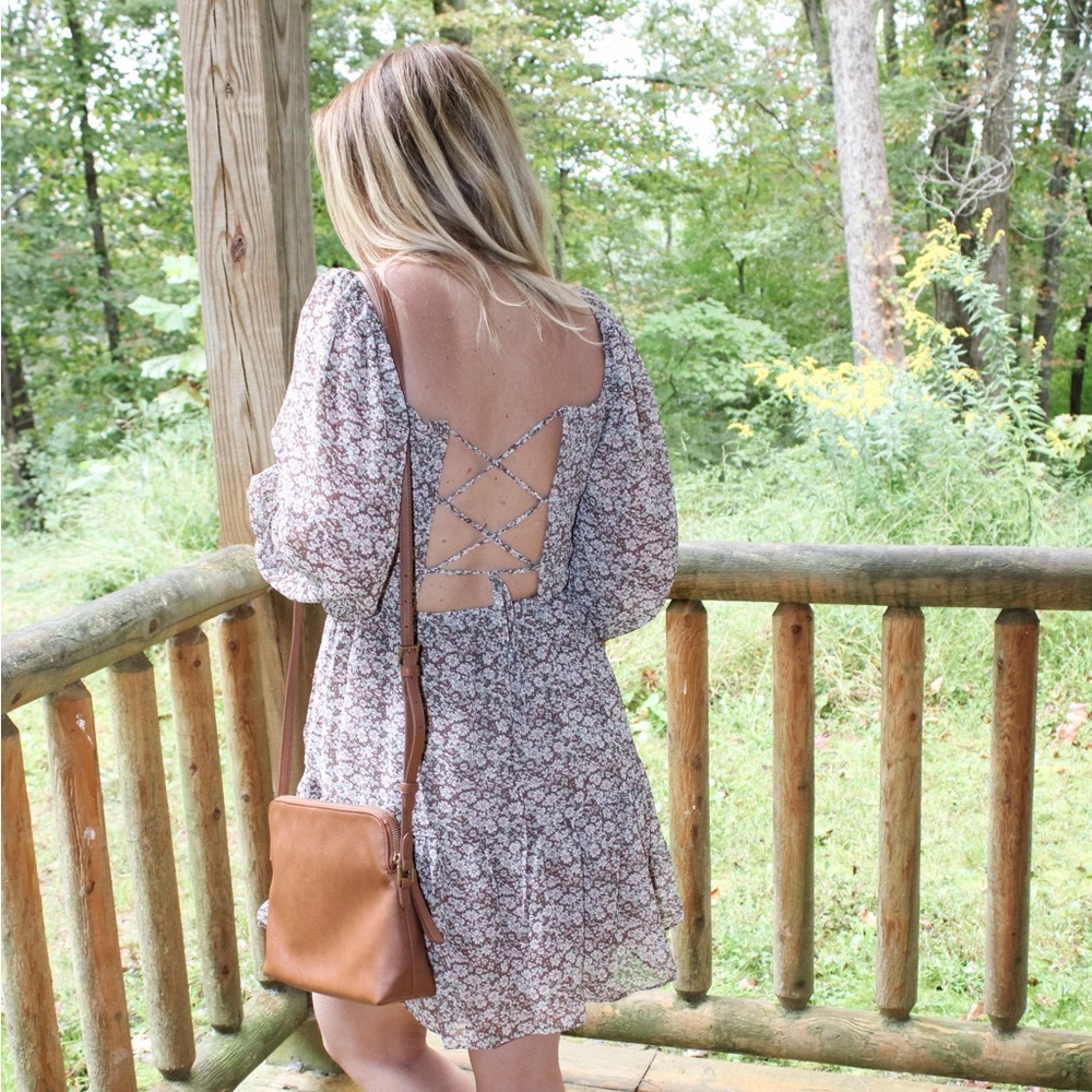 Women's LUSH Brown Floral Open Back Long Sleeve Smocked Skater Dress
